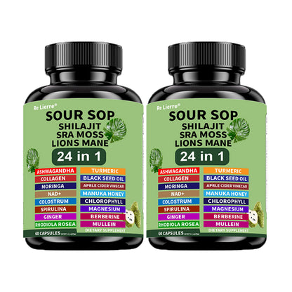 Dietary Supplement Sea Moss 24-in-1 Capsules with Soursop, Lion’s Mane and Shilajit, One or Two Bottles