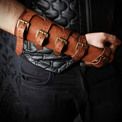 Embossed Fantasy Arm Bracer Pair in Brown with Buckle Straps for Medieval and Archer Costumes