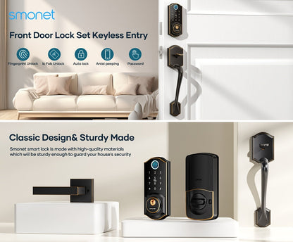 Smart Door Lock SMONET Fingerprint Keypad Bluetooth Deadbolt Handle Set in Bronze Black or Silver