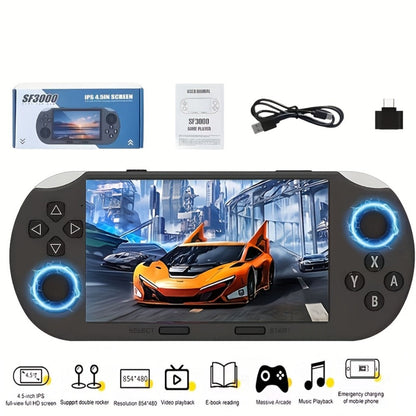 Handheld Game Console SF3000 Blue Console with 4.5-Inch HD Landscape Display, 64GB Options, 3000mAh Battery, Linux