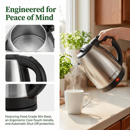 Electric Kettle by LONGADS, 2L 1000W Stainless Steel Body with Seamless Interior and Black Trim
