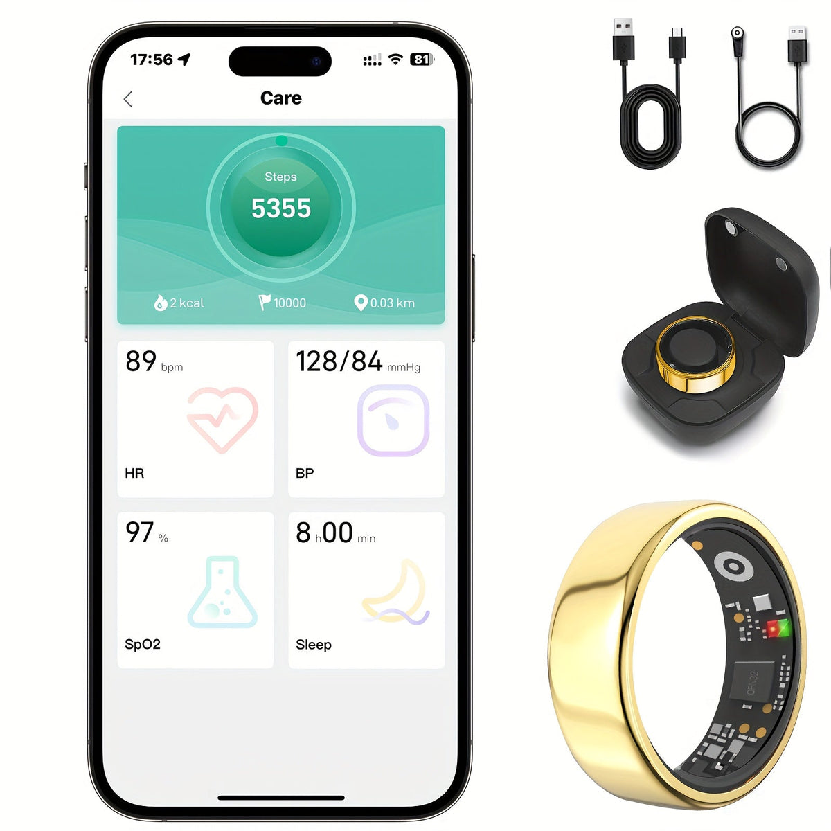 Smart Ring with Health Tracking & Charging Case – Step Count Calorie & Sleep Monitor | Long Battery | iOS & Android | Sizes #7–13 | Black Silver Gold | Minimalist Fitness Wearable Gift