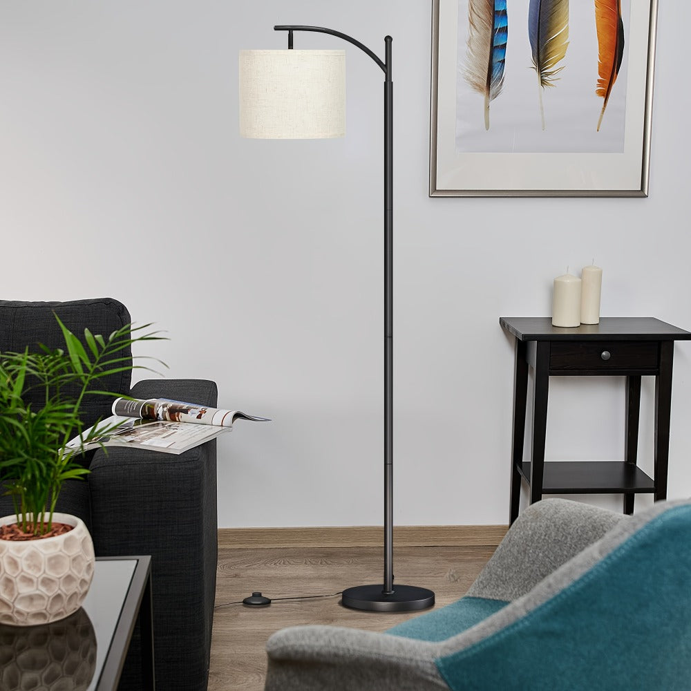 Black Arched Floor Lamp with Beige Drum Shade, Downward-Facing Light and Included 9W Three-Mode LED Bulb