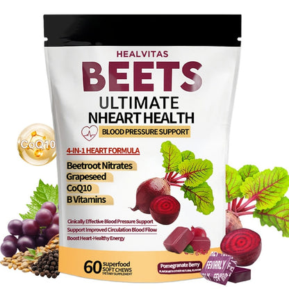 Beetroot Gummies with CoQ10, Grape Seed Extract & Multivitamins — Blood Pressure Support, Heart Health, Circulation & Antioxidant Defense, Chewable Beet Root Supplement for Women & Men, 60-120 Count