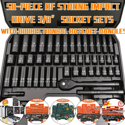 Ratchet Socket Wrench Set with Handle – 50/53/96/123/218/999PCS | 3/8" Drive CR-V Steel | Metric & Imperial Sizes | Car Maintenance, Boat & Home Repair Tool Kit for Mechanics