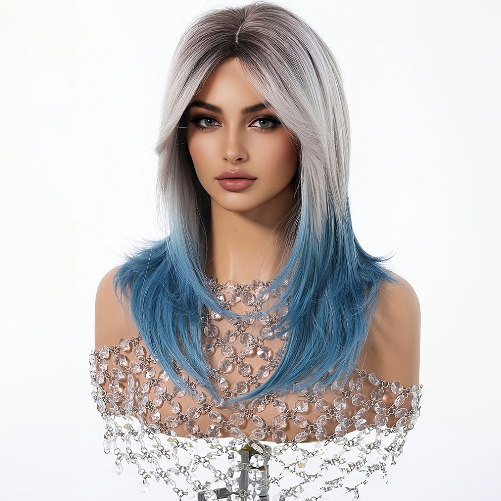 Synthetic Wig 22-Inch Gradient Blue Ombre Layers with Bangs, Adjustable Cap and Rose Hair Net