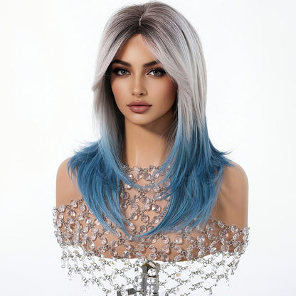 Synthetic Wig 22-Inch Gradient Blue Ombre Layers with Bangs, Adjustable Cap and Rose Hair Net