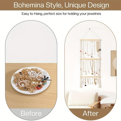 Jewelry Organizer Hand-Woven Wall Hanging Rack with Tassel Detail and 30 Hooks in 1- or 2-Piece Options