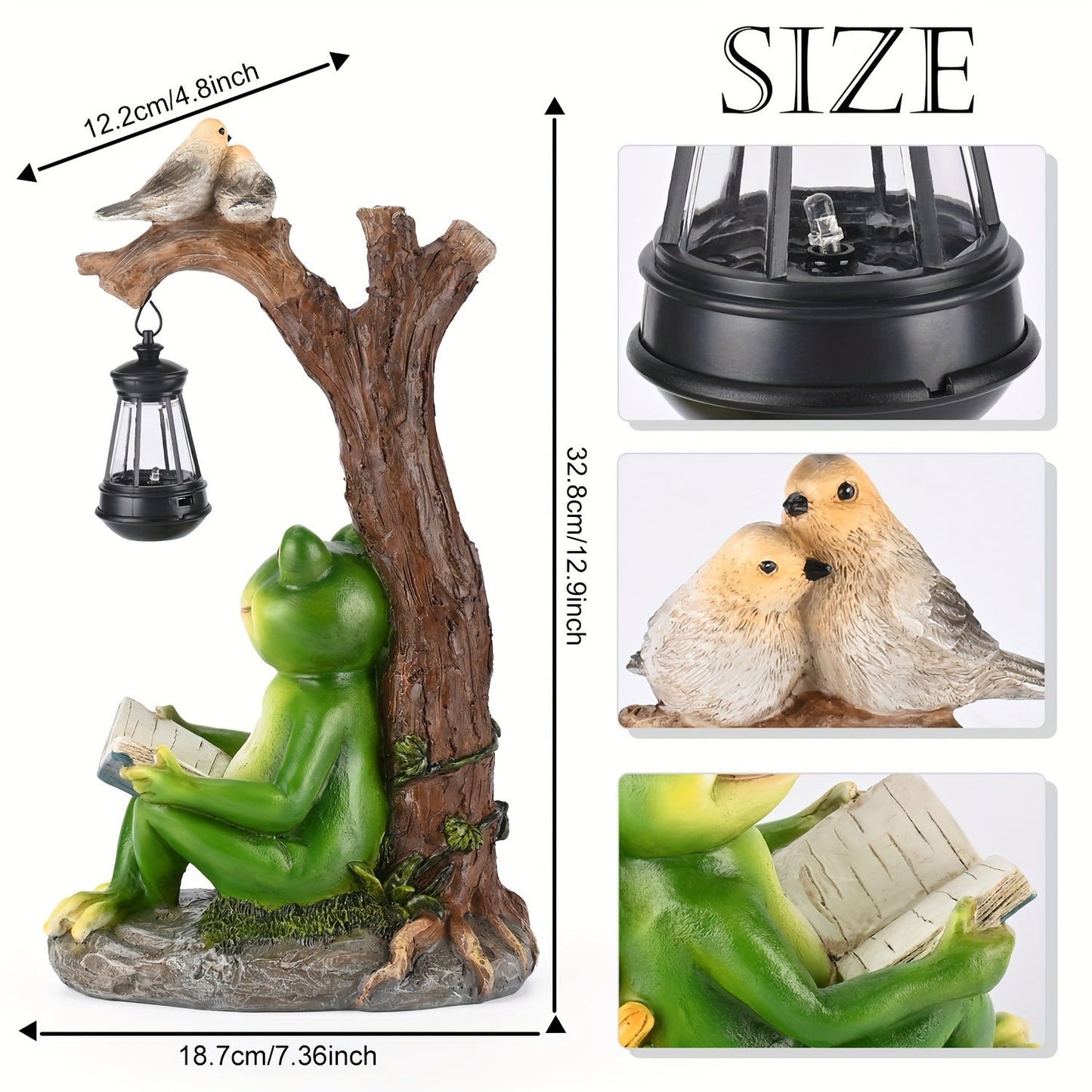 Solar Garden Lights Frog Reading Statue with Lantern, One-Piece Resin Lawn and Patio Ornament