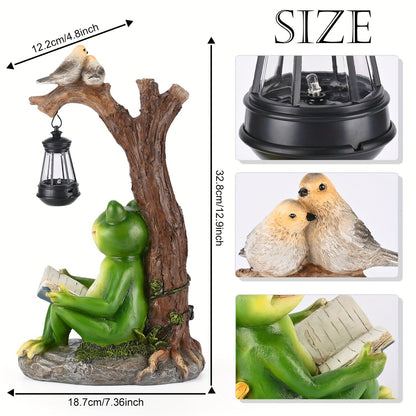 Solar Garden Lights Frog Reading Statue with Lantern, One-Piece Resin Lawn and Patio Ornament