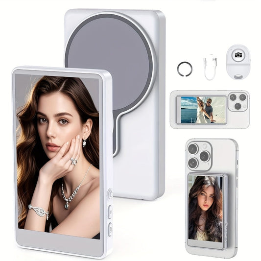Wireless Selfie Monitor Screen for iPhone Android – 2500mAh Battery, Remote Control, 3-Level Brightness & Wide Screen Mode, Use Phone Rear Camera for Selfie Vlog No-Delay Live Streaming TikTok YouTube