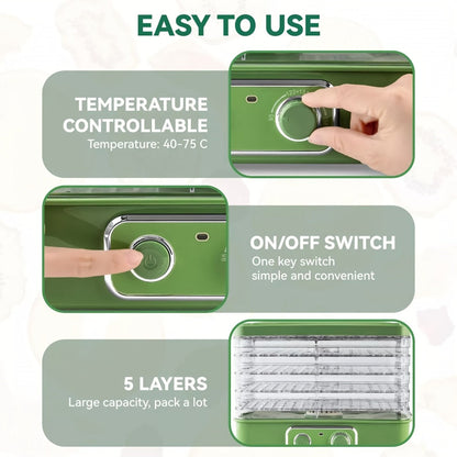Food Dehydrator Machine 5-Tray BPA-Free Stackable 240W Digital Temperature Control 95-158°F Quiet 33dB Overheat Protection for Jerky Fruit Meat Veggies Herbs Snacks Home Use