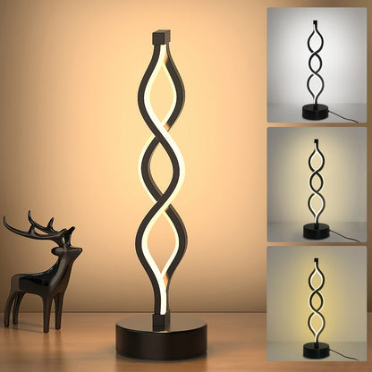 Table Lamp with Spiral LED Wave, Three Color Temperatures, USB Power and One, Two or Wood-Base Options