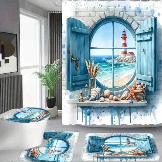 Lighthouse Shower Curtain Set with Ocean View Pattern – Nautical Bathroom Decor with Non-Slip Mat, Toilet Seat Cover & 12 Hooks for Apartment Hotel