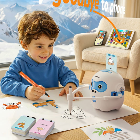 Drawing Robot for Kids Ages 3-8 — Rechargeable 4-in-1 Interactive Learning Machine with 100 Drawing Cards & Color Pens, STEM Art Toy Gift for Boys Girls, Birthday Christmas White Pink