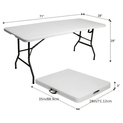 Folding Table 4ft and 6ft White Plastic Top with Black Metal Legs, Carry Handle and Adjustable Height