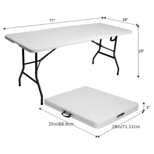 Folding Table 4ft and 6ft White Plastic Top with Black Metal Legs, Carry Handle and Adjustable Height