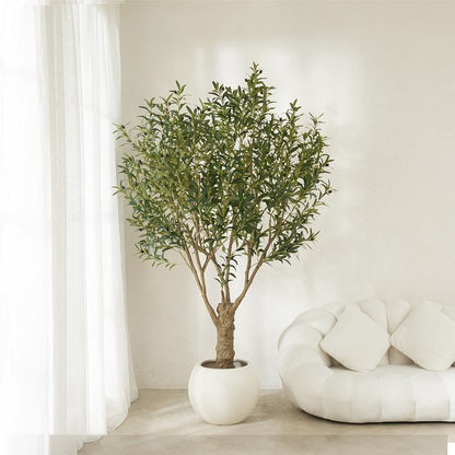 Potted Olive Artificial Tree with 5, 6, 7 and 8 ft Height Options, Black Planter and Branching Green Leaves
