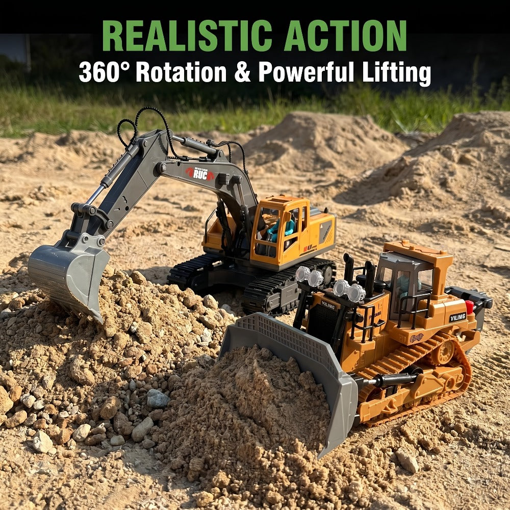RC Bulldozer 1:24 Scale Alloy with 680° Rotation & Working Arm, 2.4GHz Remote Control Construction Vehicle for Kids