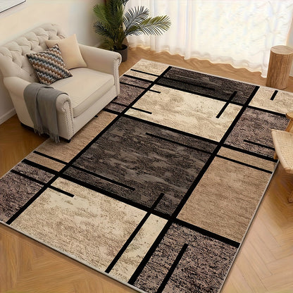 Area Rug Geometric Beige Brown 850 GSM Polyester Velvet in Four Machine-Washable Room Sizes