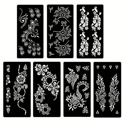 Seven-Piece Floral Tattoo Stencil Set with Paisley and Henna-Style Designs in SM031 or SM032