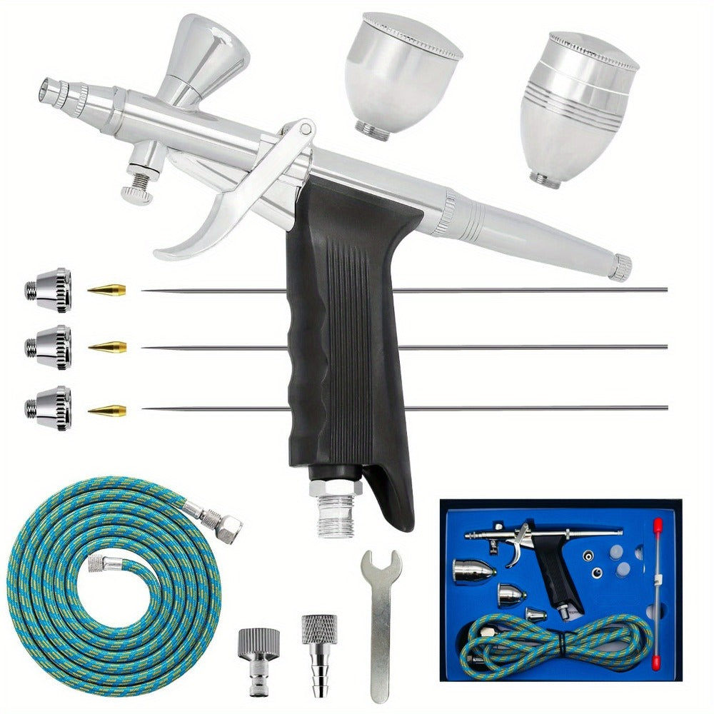 Double-Action Trigger Airbrush Kit with 0.3, 0.5 and 0.8 mm Nozzles, Three Cups and Pictured 6 ft Hose