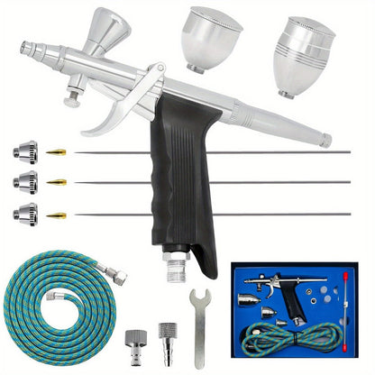Double-Action Trigger Airbrush Kit with 0.3, 0.5 and 0.8 mm Nozzles, Three Cups and Pictured 6 ft Hose