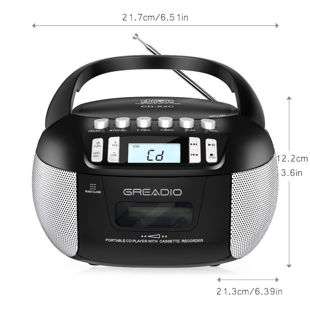 CD and Cassette Player Combo Boombox Portable AM FM Radio Tape Recording Stereo Sound for Bedside Audio, Alarms and Room Entertainment