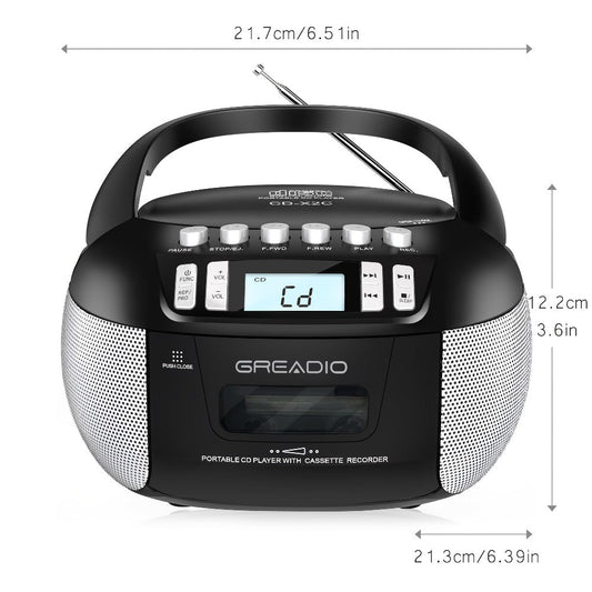 CD and Cassette Player Combo Boombox Portable AM FM Radio Tape Recording Stereo Sound AC DC Powered AUX Headphone Jack Sleep Timer for Home Seniors