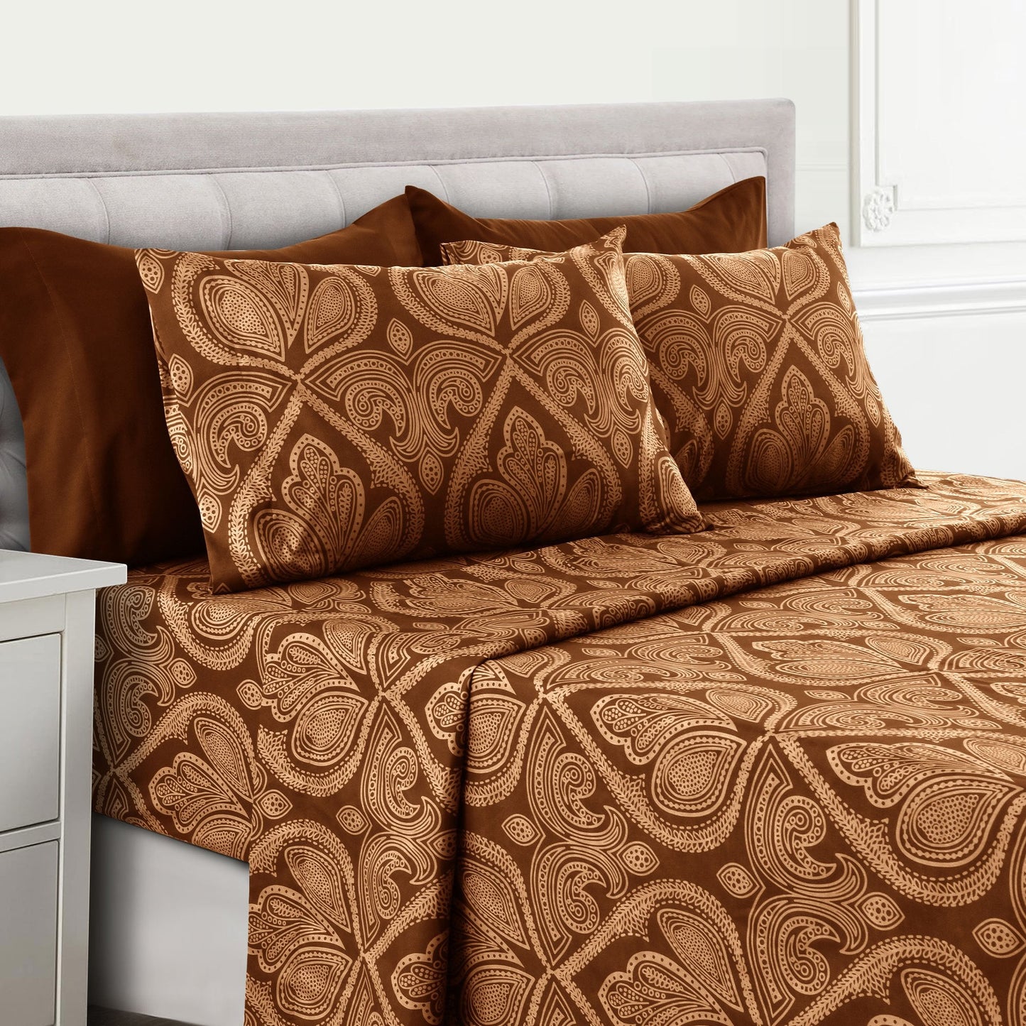 Bed Sheet Set Paisley Brushed Polyester in 4- or 6-Piece Sizing with 16-Inch Pocket and Wash Instructions