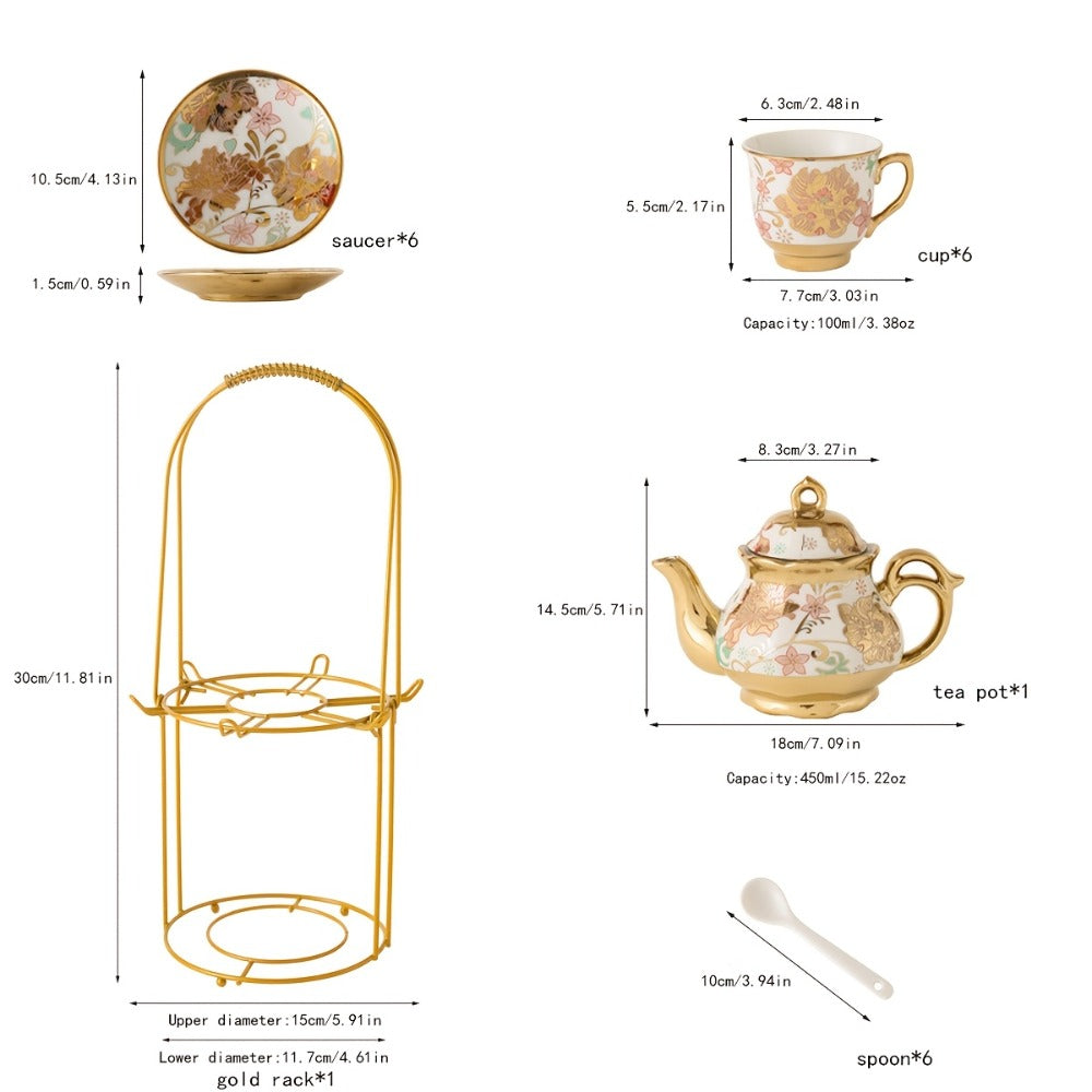 Twenty-Piece Floral Ceramic Tea Set with 15-Ounce Teapot, Six Cups, Saucers, Spoons and Metal Rack