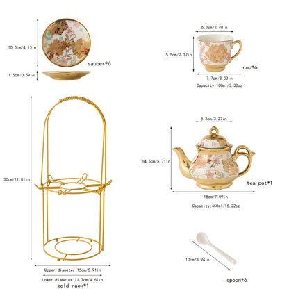 Twenty-Piece Floral Ceramic Tea Set with 15-Ounce Teapot, Six Cups, Saucers, Spoons and Metal Rack