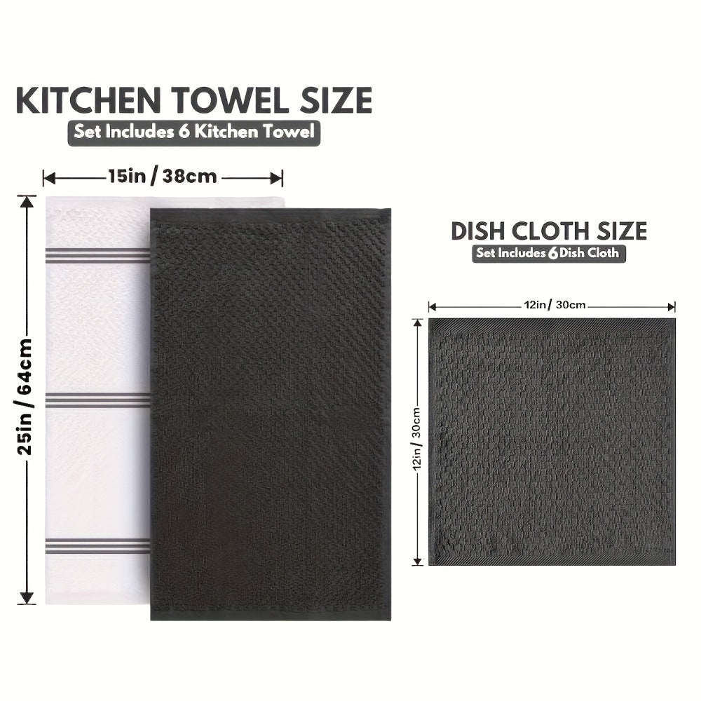 Twelve-Piece Cotton Kitchen Towel Set with Six 15 x 25-Inch Hand Towels and Six 12 x 12-Inch Washcloths