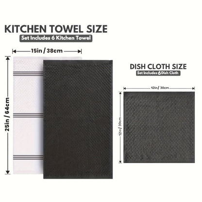 Twelve-Piece Cotton Kitchen Towel Set with Six 15 x 25-Inch Hand Towels and Six 12 x 12-Inch Washcloths