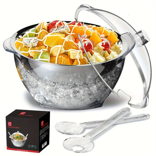 Stainless Steel Ice Chiller Salad Bowl with Lid and Serving Spoons – Large Refrigerated Veggie Fruit Tray with Ice Chiller Base for Party Entertaining Buffet Outdoor Picnic Food Display