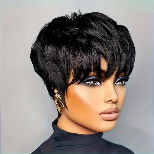 Human Hair Pixie Cut Wig with Bangs Glueless 180% Density Straight Black 6 Inch Rose Net Cap Machine Made Wig for African American Women
