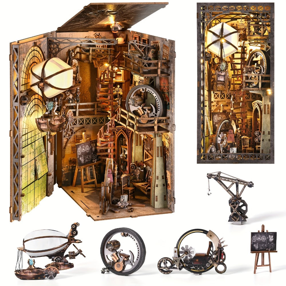 Corner Alley Wooden Book Nook Kit with 9-Inch Steampunk Street Scene, Sensor Light and YM05-Pete Option