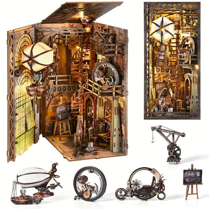Corner Alley Wooden Book Nook Kit with 9-Inch Steampunk Street Scene, Sensor Light and YM05-Pete Option