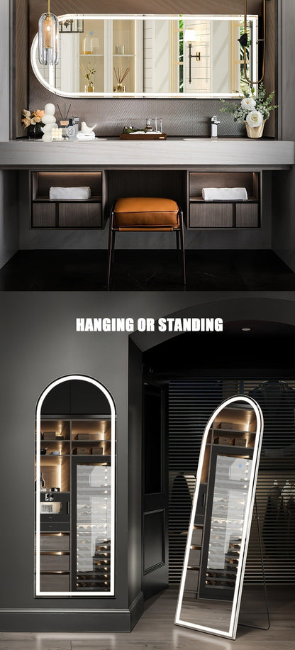 Full Length Mirror Floor Standing with LED Light - Arched & Rect Aluminum Frame Dressing Mirror for Bedroom Living Room, Black/Golden/White
