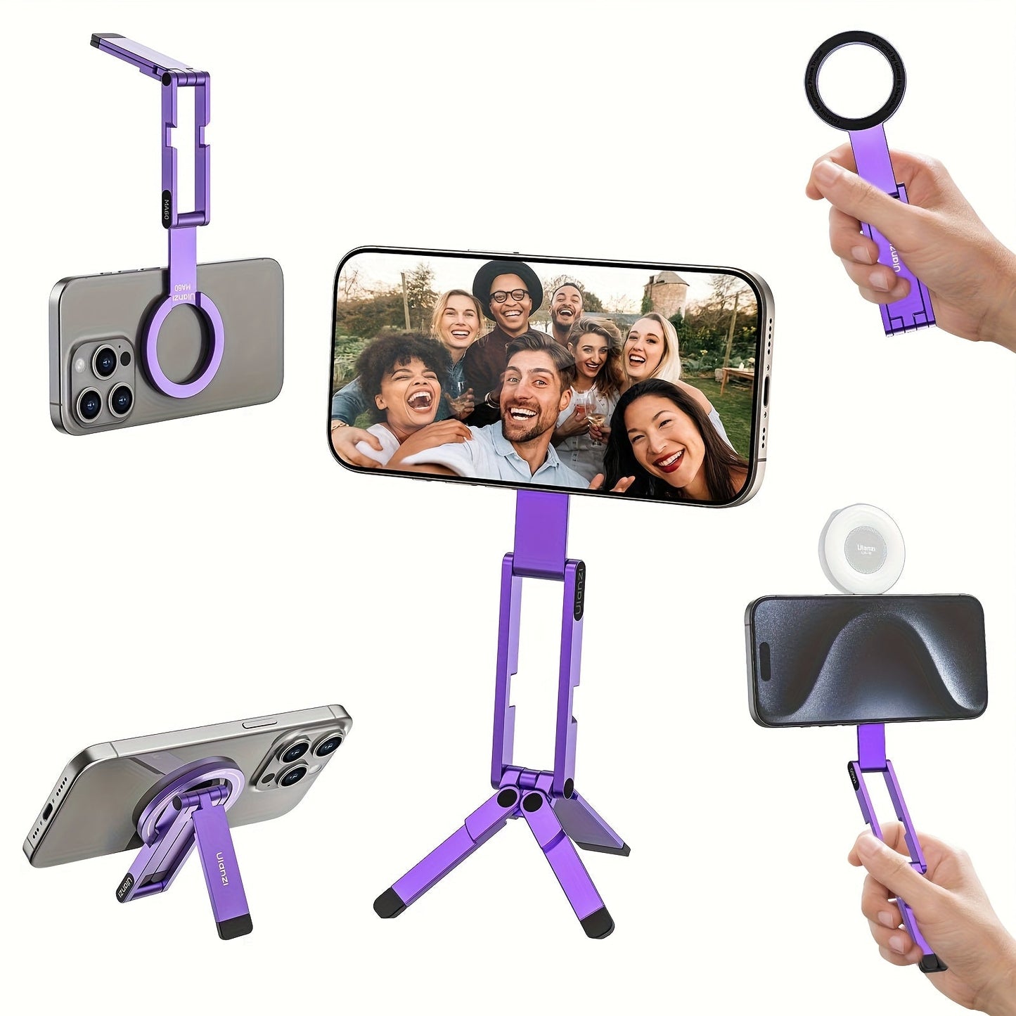 ULANZI MA60 Magnetic Phone Tripod 5-in-1 Foldable Stand Ultra-Slim 0.8cm 14N Dual Magnet 500g Load for Vlogging Content Creation Desktop Handheld Aluminum Alloy