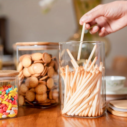 Six-Piece 37 oz Glass Storage Jar Set with Tall Clear Bodies, Square Bamboo-Look Lids and Silicone Rings