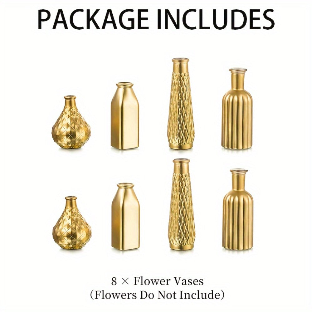 Gold-Tone Glass Bud Vases, Four- or Eight-Piece Mixed Art Deco Bottle Set for Tables and Centerpieces