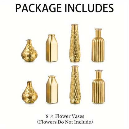 Gold-Tone Glass Bud Vases, Four- or Eight-Piece Mixed Art Deco Bottle Set for Tables and Centerpieces