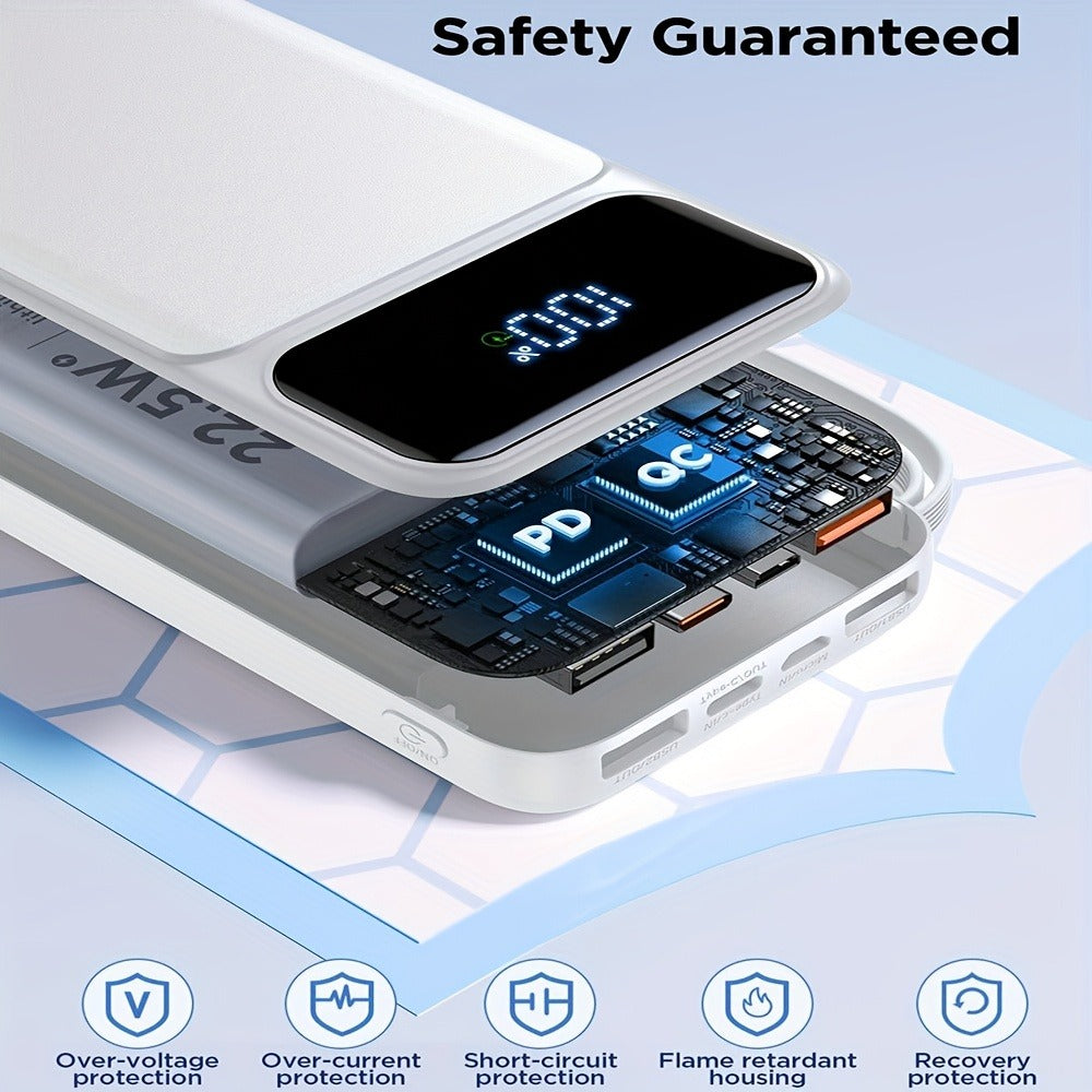20000mAh Power Bank with Four Built-In Cable Leads, 20W Marking, Percentage Display and Three Colors