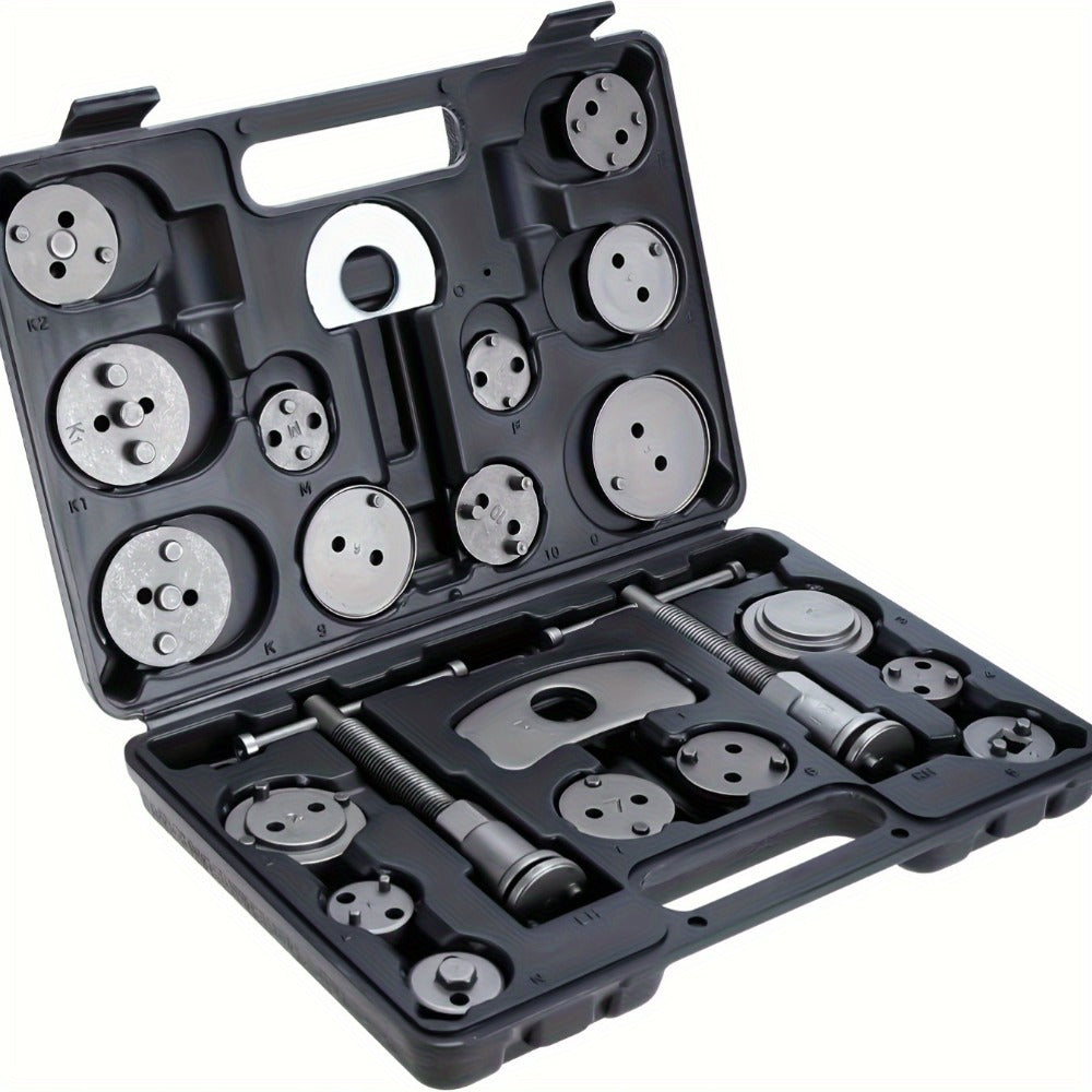Brake Caliper Wind Back Tool Kit 26-Piece – Brake Caliper Compression Tool Set with 18 Disc Adapters, Thrust Bolt Assemblies, Retaining Plates & Caliper Hangers | Carbon Steel, Blue Case