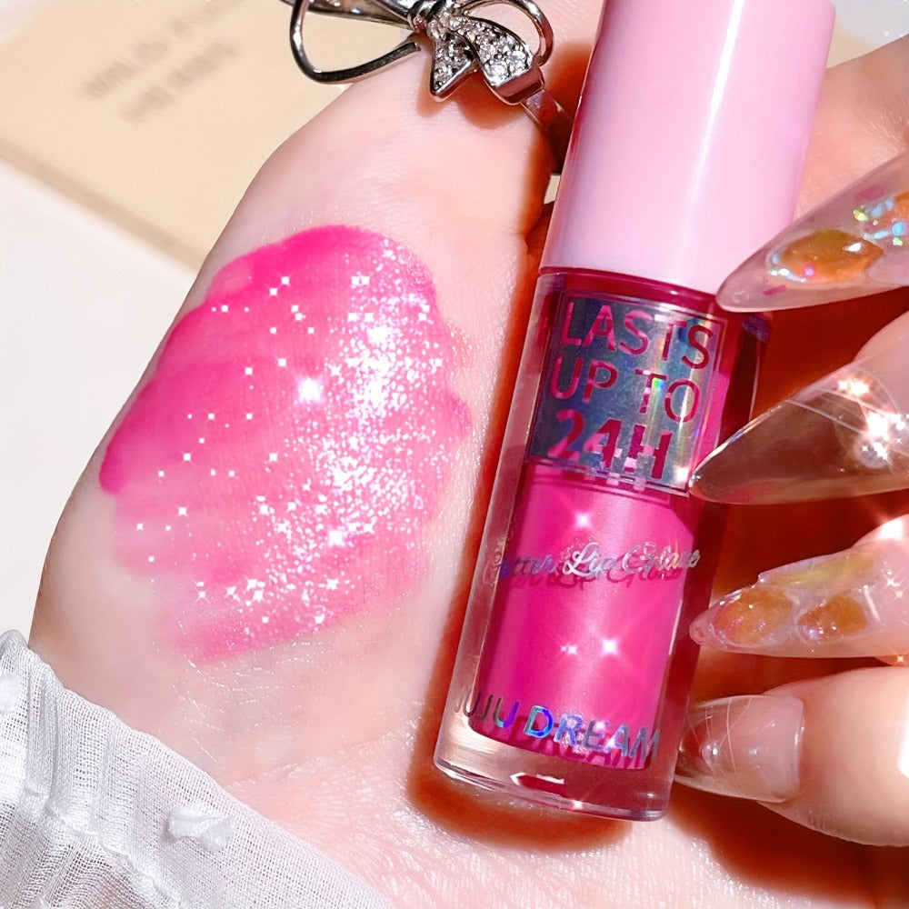 24H Waterproof Glitter Lip Gloss & Lip Stain Set 3PCS – Moisturizing Lip Oil Formula, Long-Lasting Smudge-Proof Glitter Shine in Berry Coral Pink Red Shades for Women All Skin Tones
