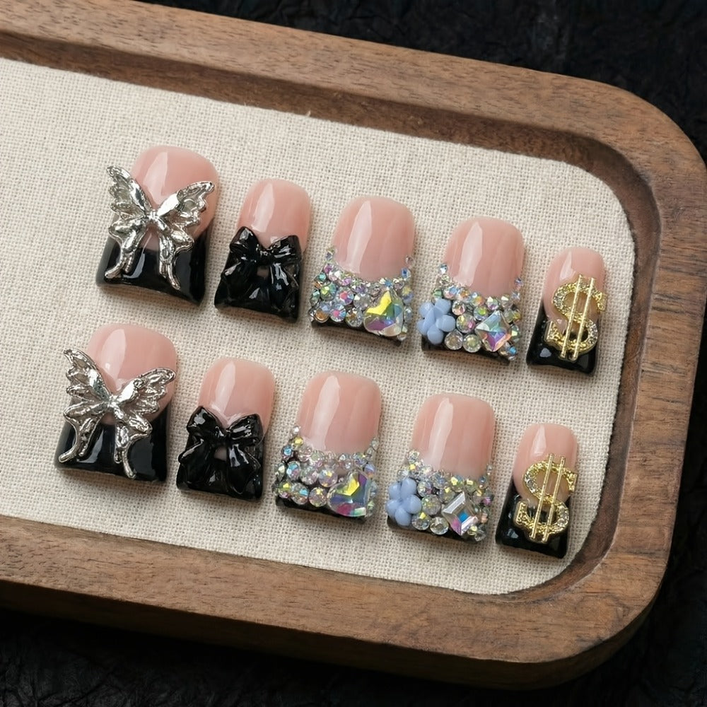 Black Nude Duckbill Press On Nails Medium Length – Glitter AB Rhinestone & Liquid Metal Butterfly Colorblock Handcrafted Acrylic Nail Set for Parties, Date Night & Daily Wear, 10pcs S/M/L