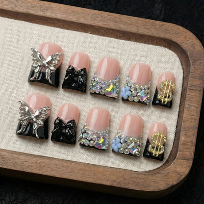 Black Nude Duckbill Press On Nails Medium Length – Glitter AB Rhinestone & Liquid Metal Butterfly Colorblock Handcrafted Acrylic Nail Set for Parties, Date Night & Daily Wear, 10pcs S/M/L