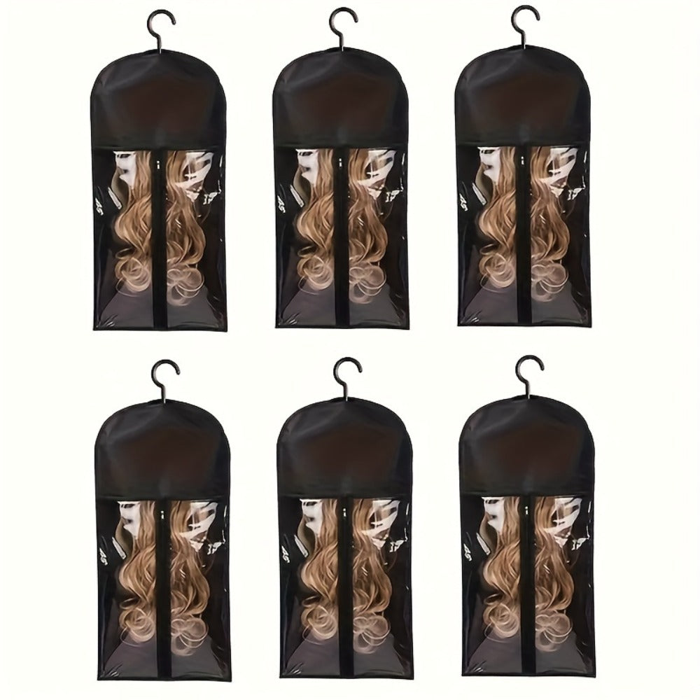 Wig Storage Bags with Hangers 6 Pack Dustproof Large Capacity Zipper Organizer Set for Wigs Hair Extensions Accessories Closet Travel Salon Home Black Non-Woven Fabric