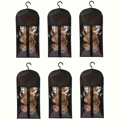 Wig Storage Bags with Hangers 6 Pack Dustproof Large Capacity Zipper Organizer Set for Wigs Hair Extensions Accessories Closet Travel Salon Home Black Non-Woven Fabric